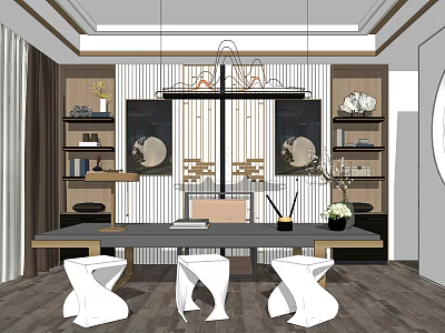 Elegant Modern Study Room Interior With Desk Bookshelves White Stools And Decorative Paintings 3d model