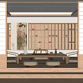 Traditional Tea Room Interior Design With Wooden Shelves Tatami Seating And Tea Sets
