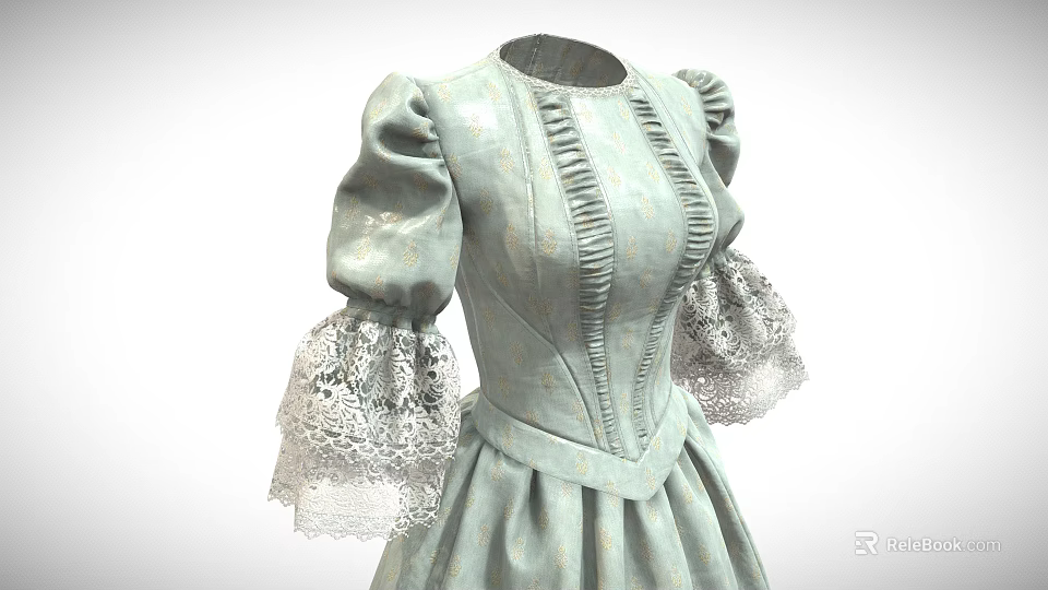 Light Green Vintage Dress With Puffed Sleeves And Lace Cuffs Ruched Details 3d model 