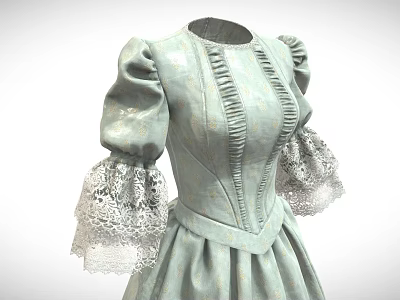 Light Green Vintage Dress With Puffed Sleeves And Lace Cuffs Ruched Details 3d model