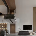 Spacious Duplex Living Room With Wooden Accents And Staircase