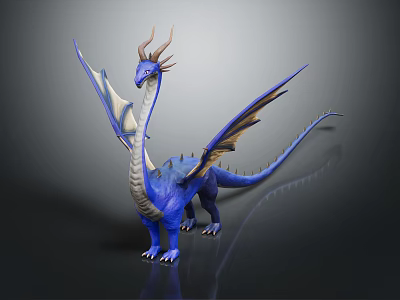 3D Blue Dragon Model with Horns and Wings Standing on Dark Background 3d model