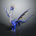 3D Blue Dragon Model with Horns and Wings Standing on Dark Background