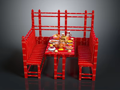 Red Dining Furniture Set With Booth Seats Table And Decorative Items 3d model