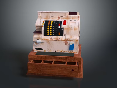Vintage Rusted Cash Register Equipment With Wooden Base And Classic Design 3d model