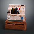 Vintage Rusted Cash Register Equipment With Wooden Base And Classic Design