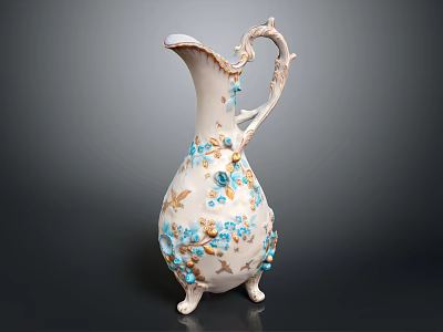 White Decorative Vase With Blue Gold Floral Patterns And Intricate Carved Details 3d model
