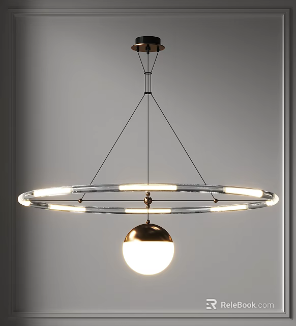 Modern Circular Pendant Light With Hanging Sphere Metallic Frame And Soft Glow 3d model