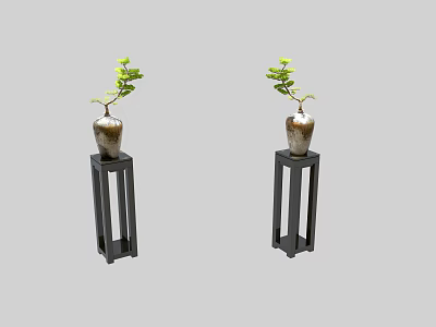 Two Elegant Decorative Plant Vases On Black Stands With Green Foliage 3d model