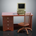 Vintage Wooden Desk Setup With Retro Computer And Swivel Chair