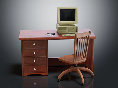 Vintage Wooden Desk Setup With Retro Computer And Swivel Chair 3d model
