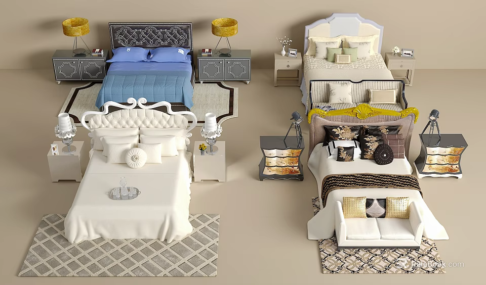 Various Double Bed Designs With Different Headboards Linens Pillows Nightstands And Lamps 3d model 
