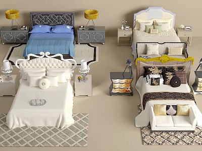 Various Double Bed Designs With Different Headboards Linens Pillows Nightstands And Lamps 3d model