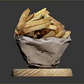 Crispy French Fries Served in Paper Bag on Wooden Board over Dark Background