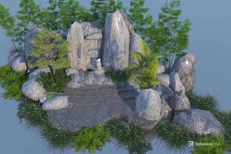 Serene Rock Garden With Large Boulders Bamboo Ferns and Stone Steps 3d model 