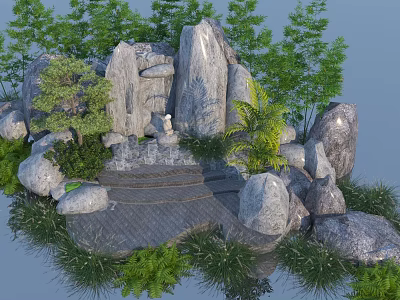 Serene Rock Garden With Large Boulders Bamboo Ferns and Stone Steps 3d model