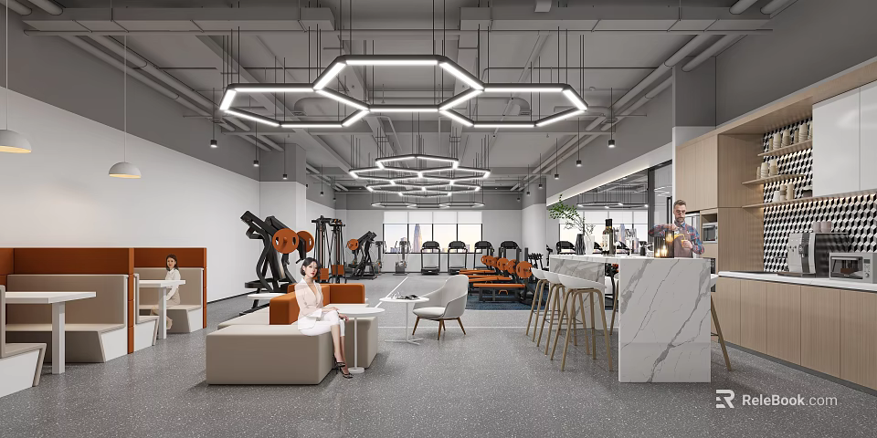 Modern Open Space With Hexagonal Pendant Lights Gym Equipment Sofa Seating And Marble Bar Counter 3d model 