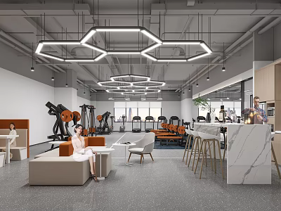 Modern Open Space With Hexagonal Pendant Lights Gym Equipment Sofa Seating And Marble Bar Counter 3d model