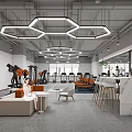 Modern Open Space With Hexagonal Pendant Lights Gym Equipment Sofa Seating And Marble Bar Counter