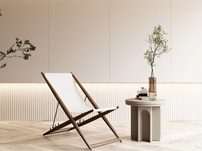 Modern White Lounge Chair With Wooden Frame And Side Table Near Green Plant In Minimalist Room 3d model
