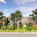 Lush Outdoor Garden With Colorful Flowers Green Plants Palm Trees Bushes And Wooden Fence