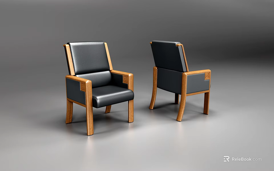 Stylish Black Leather Office Chair With Wooden Frame And Comfortable Armrests 3d model 