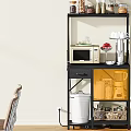 Black Multi Tiered Storage Shelf with Microwave Coffee Cup Holder and Blender in Kitchen