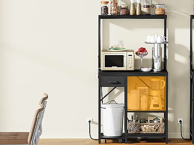 Black Multi Tiered Storage Shelf with Microwave Coffee Cup Holder and Blender in Kitchen 3d model