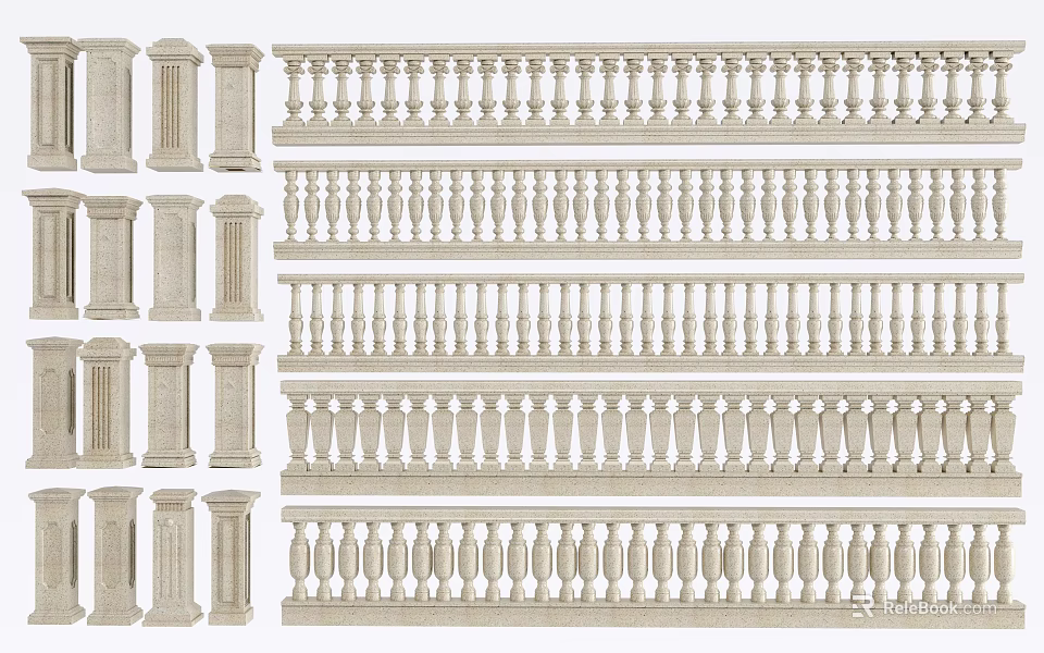 Various Decorative Railings With Intricate Baluster Designs And Classic Patterns For Building Decor 3d model 