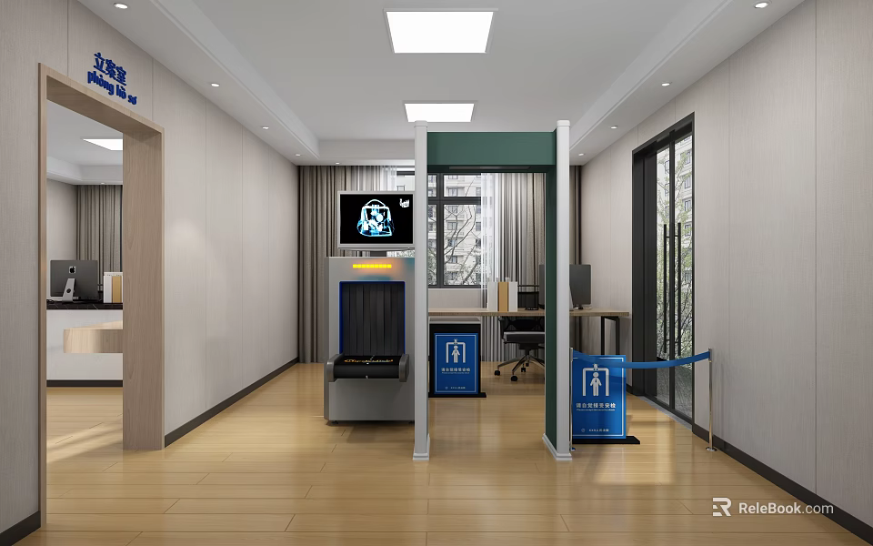 Modern Office Entrance With Security Gate Reception Desk TV And Glass Door 3d model 