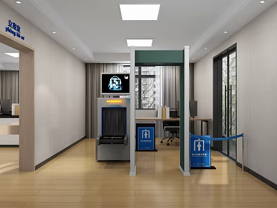 Modern Office Entrance With Security Gate Reception Desk TV And Glass Door 3d model