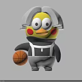Yellow Plush Doll With Gray Hair Red Cheek Dots Gray Top White Overalls Holding Basketball