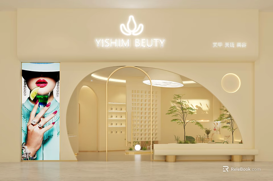 Modern Beauty Hair Salon Interior With Stylish Lighting Green Plants And Nail Art Decor 3d model 