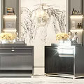 Modern Black Bedside Tables Interior With Vases Decorations Landscape Painting Wall Lamps And Shelves