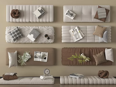 Neutral Colored Soft Pads Featuring Pillows Magazines And Green Plants 3d model