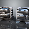 Two Industrial Metallic Machinery Units With Mechanical Components On Reflective Base
