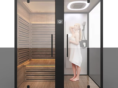 Modern Shower Sauna Interior Design With Wooden Bench Glass Door And Warm Lighting 3d model