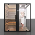 Modern Shower Sauna Interior Design With Wooden Bench Glass Door And Warm Lighting