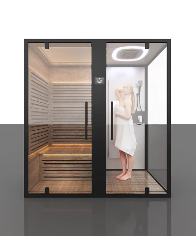 Modern Shower Sauna Interior Design With Wooden Bench Glass Door And Warm Lighting 3d model