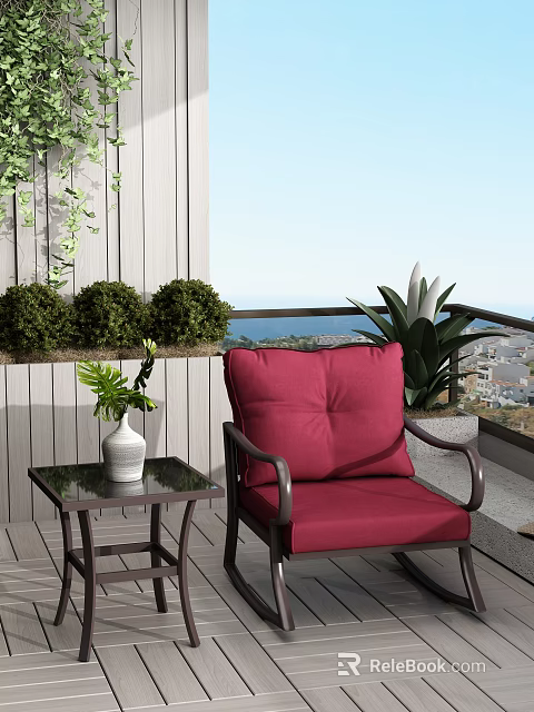 Red Comfortable Lounge Chair On Balcony With Side Table Green Plants Ocean View And Cityscape 3d model 