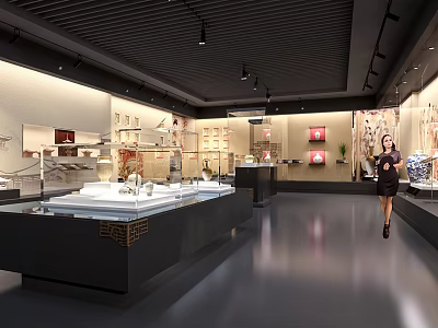 Museum Exhibition Hall Interior with Display Cases Ancient Artifacts and Visitor Exploring 3d model