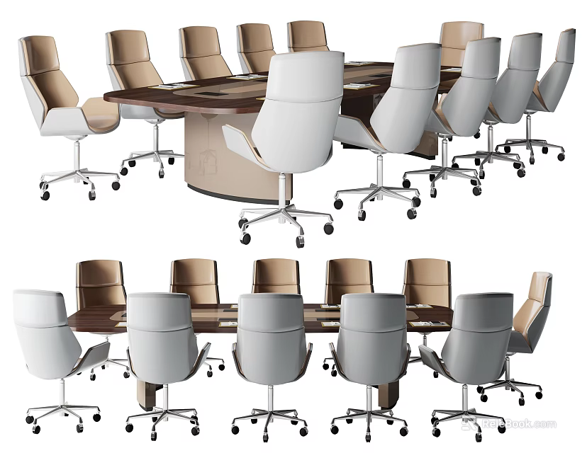 Modern Conference Table With White And Brown Rolling Office Chairs For Meeting Room 3d model 