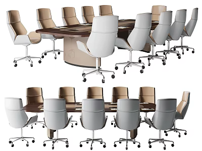 Modern Conference Table With White And Brown Rolling Office Chairs For Meeting Room 3d model