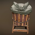 Vintage Wooden Laundry Tub With Metal Hoops And Cloth Liner On Stand