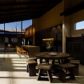 Shopping Mall Store Interior With Wooden Ceiling Large Windows Natural Light And Tables