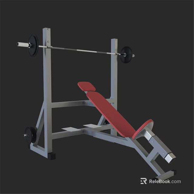 Fitness Equipment Bench Press With Red Seat And Barbell On Metal Frame 3d model 