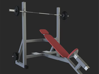 Fitness Equipment Bench Press With Red Seat And Barbell On Metal Frame 3d model