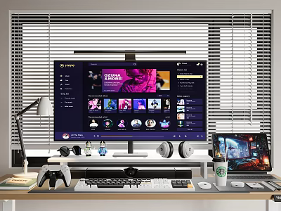Sleek Computer Gaming Setup with Large Monitor Headphones Keyboard and Game Controller 3d model