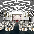 Elegant Banquet Hall Interior With White Ceiling Chandeliers And Neatly Arranged Tables