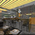 Modern Hotpot Restaurant Interior With Open Kitchen Dining Tables And Tableware 3d model